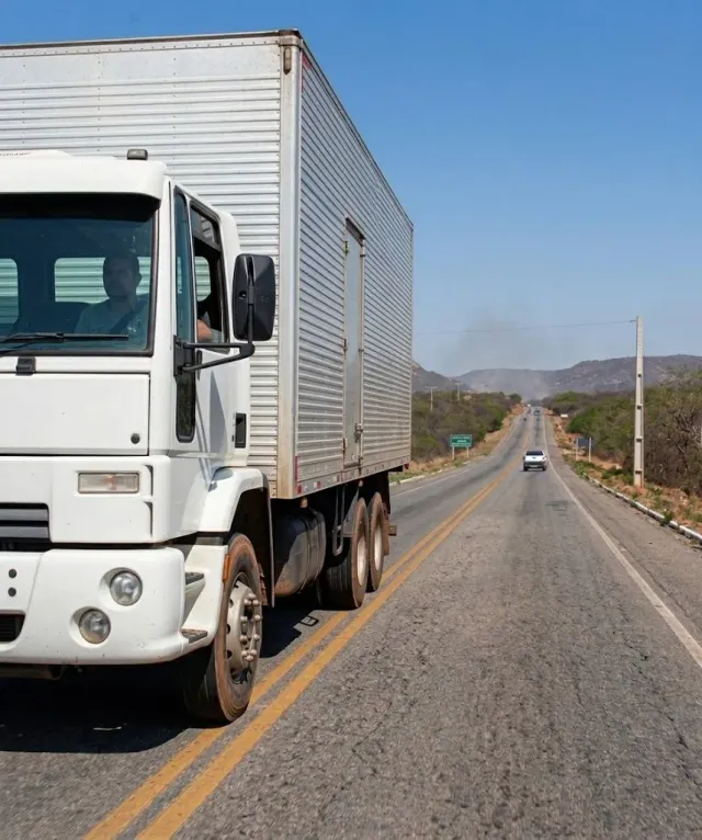Caminhão baú branco rodando em uma rodovia, em viagem de frete