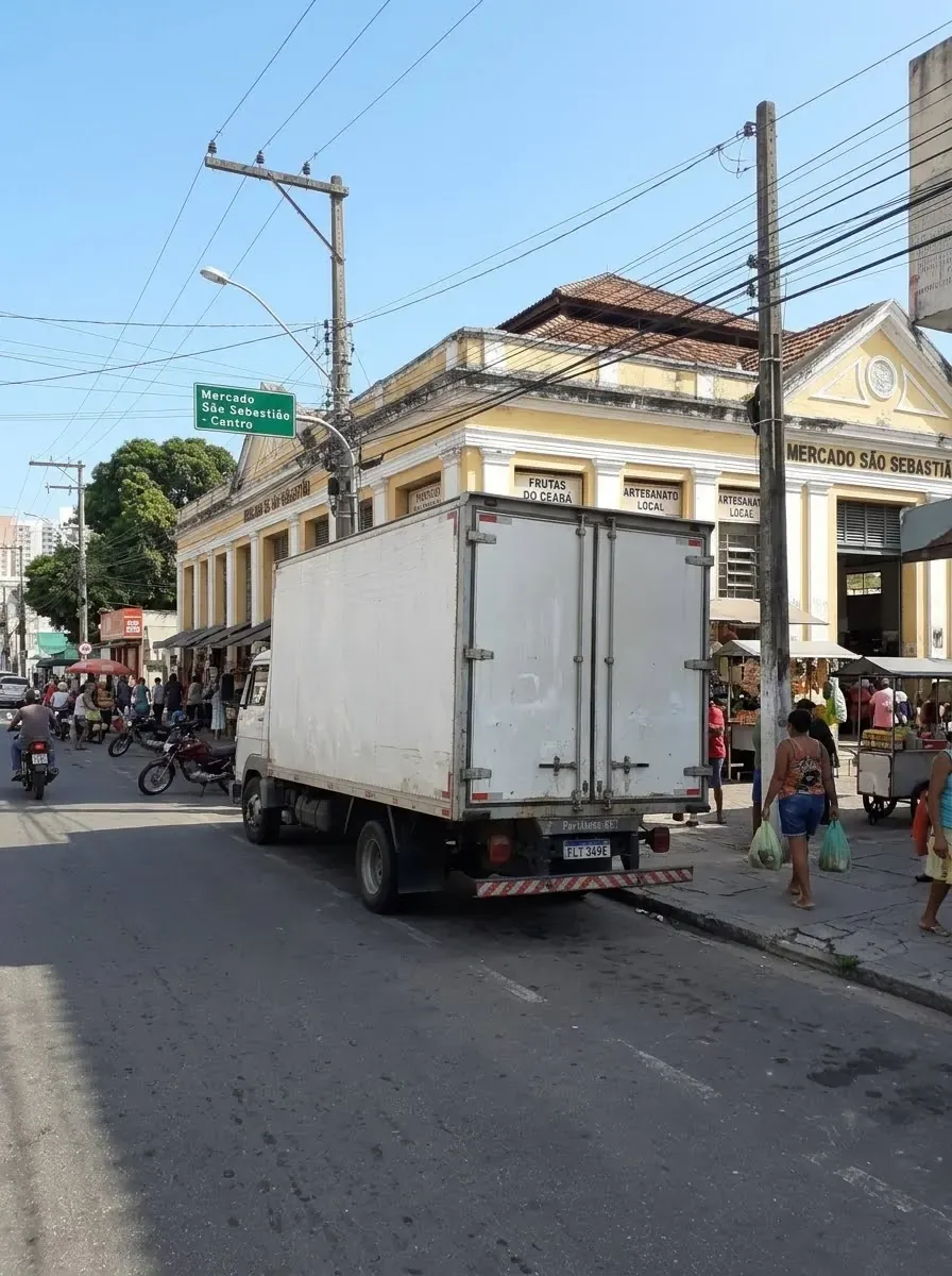 Caminhão baú de frete estacionado em frente ao Mercado São Sebastião, no Centro de Fortaleza, antes de sair em viagem pelo Ceará