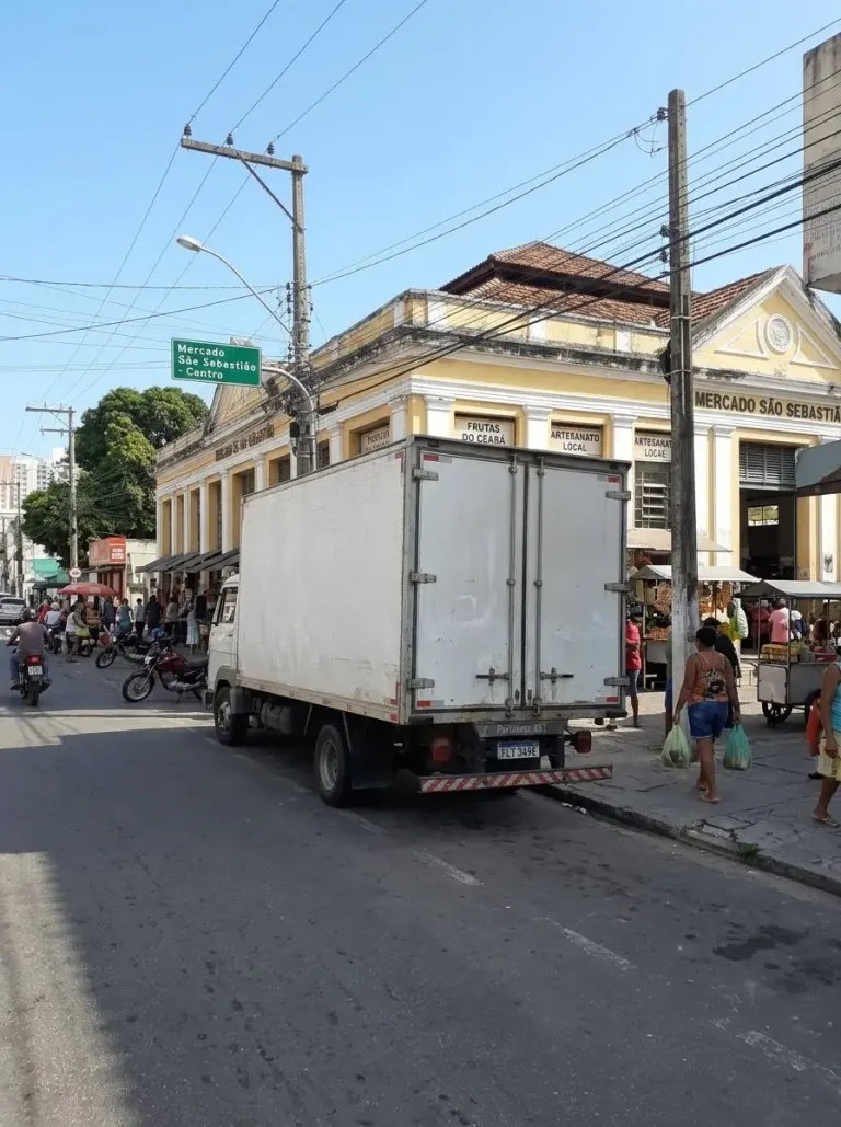 Caminhão baú de frete estacionado em frente ao Mercado São Sebastião, no Centro de Fortaleza, antes de sair em viagem pelo Ceará