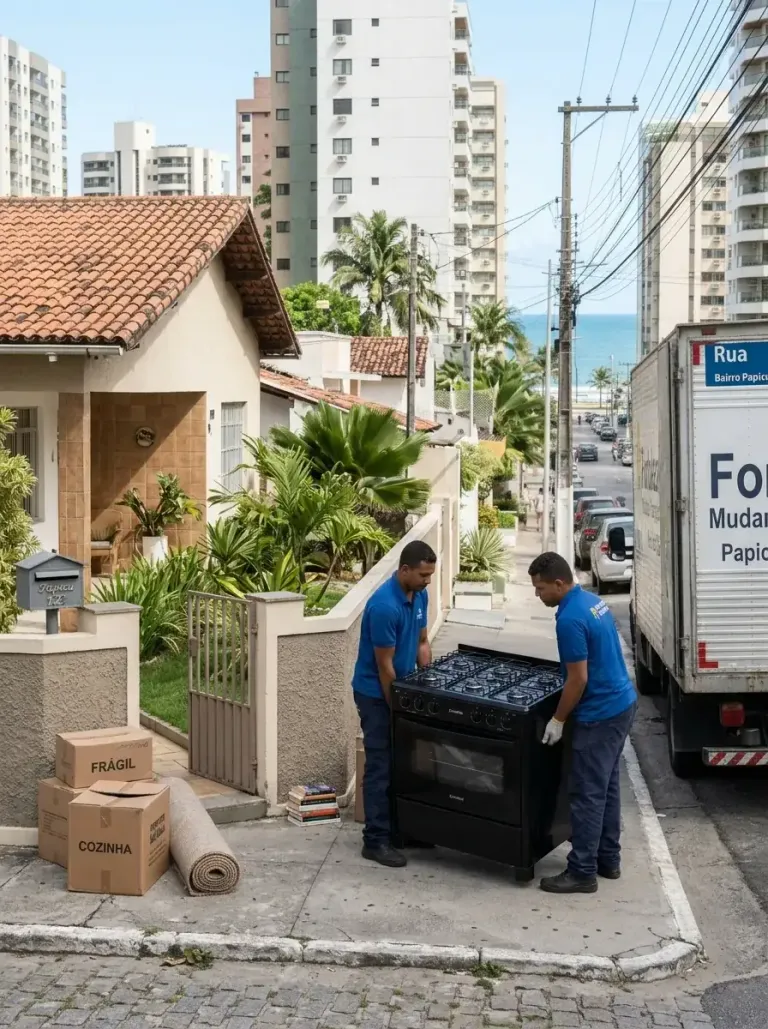 Dois profissionais da Frete Fortaleza carregando um fogão na calçada, ao lado do caminhão de frete e de caixas identificadas