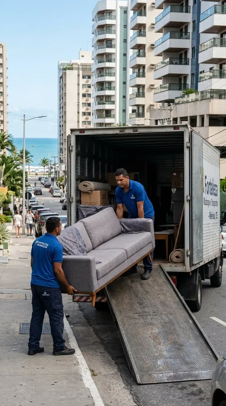 Equipe da Frete Fortaleza descarregando um sofá da rampa do caminhão de frete