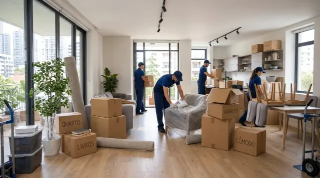 Equipe da Frete Fortaleza embalando e protegendo móveis em uma sala para a mudança