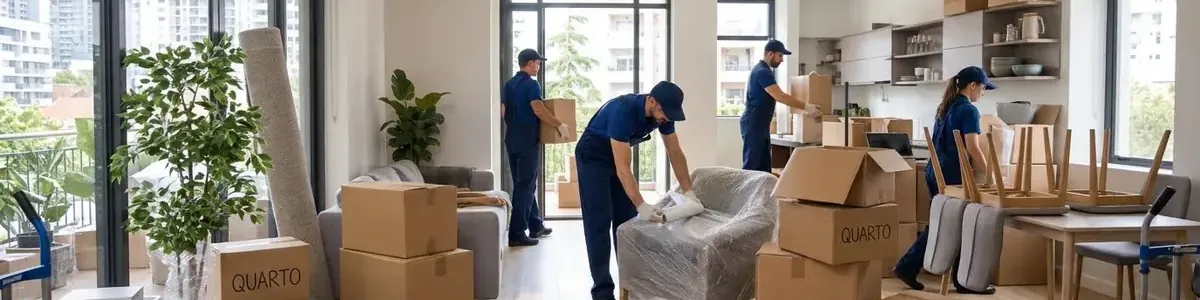 Equipe da Frete Fortaleza embalando e protegendo móveis para uma mudança residencial em Fortaleza