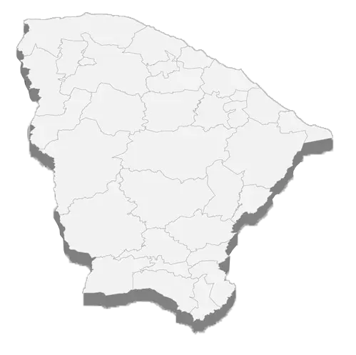 Mapa do Ceará com as regiões atendidas pela Frete Fortaleza: Fortaleza, litorais, Ibiapaba, sertões, Centro Sul e Cariri